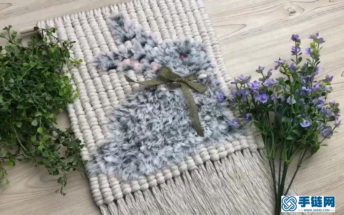 Macrame编织可爱毛绒小兔子图案卷结挂毯