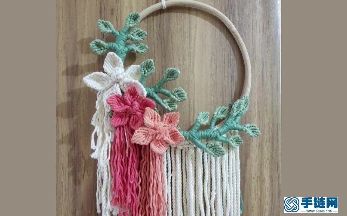 Macrame手工编织花朵装饰圆形壁挂，一起静待春暖花开