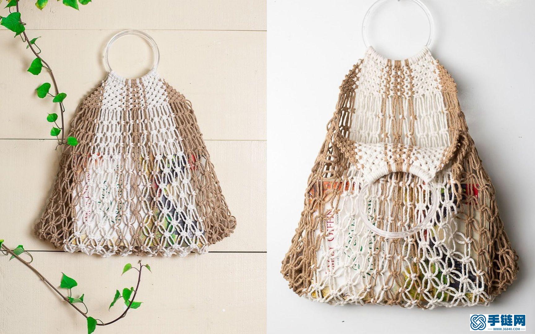 Macrame编织拼色手提网兜包，适合做购物袋