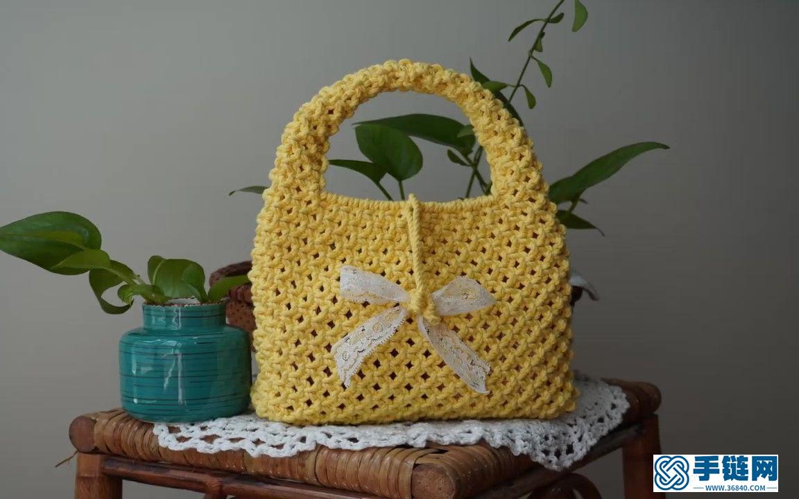  Macrame编织清新柠檬黄手提小包包（材料及用线明细见简介）